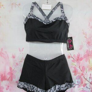 Sports Bra Crop Top & Shorts Set XL Adult Dance Yoga Fitness Black Grey Gia Mia